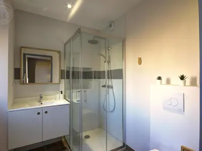 Salle de bains dans l'établissement Gîte spacieux avec espace extérieur et jacuzzi à Montchal - FR-1-496-234