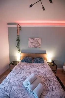 Un ou plusieurs lits dans un hébergement de l'établissement JUNGLE ROOM évadez vous cosy luxe gare autoroute