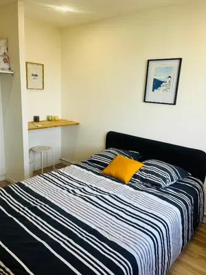Un ou plusieurs lits dans un hébergement de l'établissement 3 chambres Situation idéale Aux portes de Lyon Tout confort