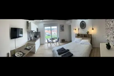 Télévision ou salle de divertissement dans l'établissement WAGNER’studio BALNÉO’terrasse au calme