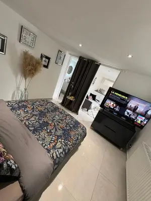 Télévision ou salle de divertissement dans l'établissement Joli appartement au calme avec place de parking privé