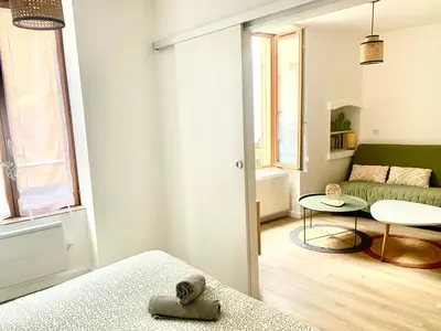 Un ou plusieurs lits dans un hébergement de l'établissement Charmant appartement au cœur de Neuville - Lyon à 20mn